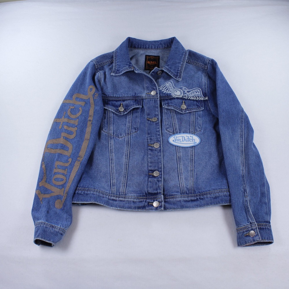 Von Dutch Originals Denim Jacket Patch Graphic Blue Jeans Size S Y2K